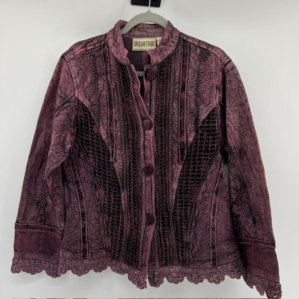 Urban Tribe Mixed Textiles Jacket Womens M Purple Boho Art to Wear CrochetButton